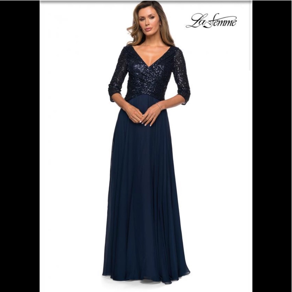 La Femme navy Sequin and chiffon dress